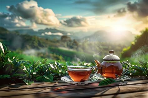 A Teapot With Two Cups Of Hot Tea With A Plantation In The Background
