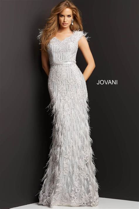 Jovani 03108 - V-Neck Feathered Evening Dress | Evening dresses ...