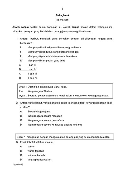 Set Soalan Latihan Pengajian Am Bahagian A Markah Jawab