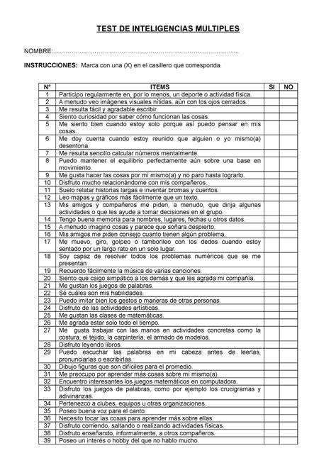 Test Inteligencias Multiples TEST DE INTELIGENCIAS MULTIPLES Studocu