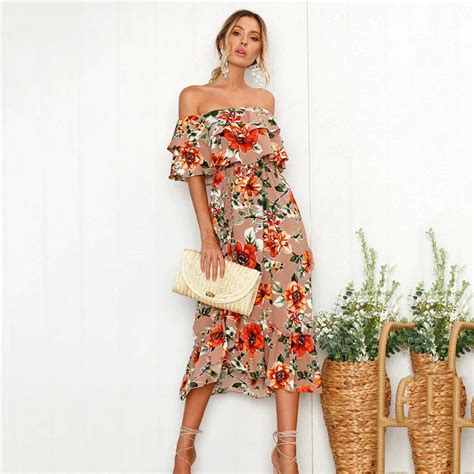 2018 Summer Spaghetti Strap Floral Dress Women Sexy Beach Off Shoulder Sundresses Casual Elegant