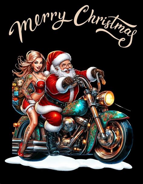 A Woman Riding On The Back Of A Motorcycle Next To Santa Clauss