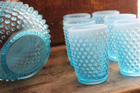 Blue Opalescent Hobnail Glass Pitcher And Tumblers Vintage Fenton Lemonade Set