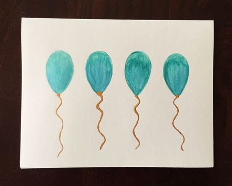 Birthday Card Balloons Gold Metallic Watercolor Teal Birthday