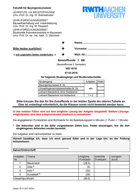 Bsk Bb Ws Klausur Baustoffkunde Bei Prof Brameshuber Und