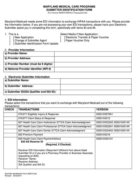 Fillable Online Dhmh State Md Submitter Identification Form 005010