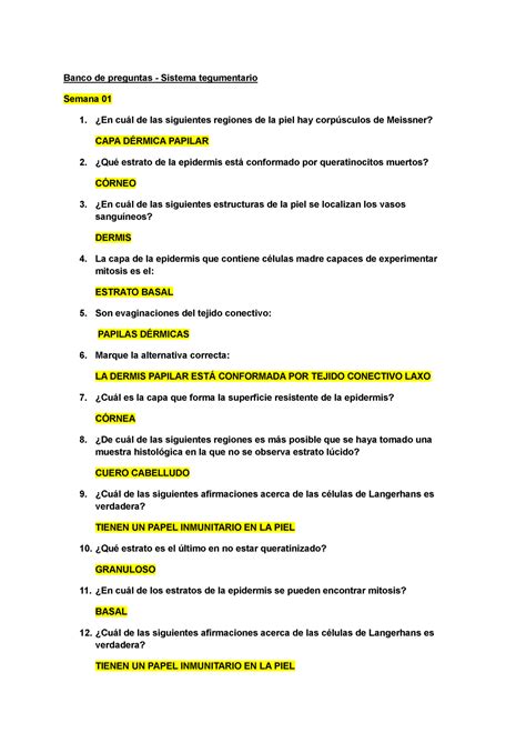 Sistema Tegumentario Banco De Preguntas Sistema Tegumentario