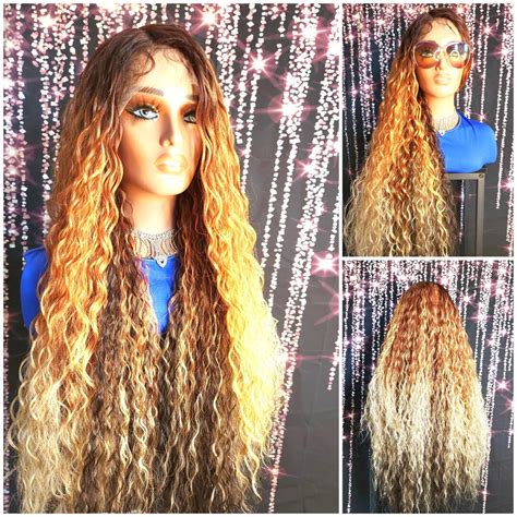 34 Long Curly Wig Red And Blonde Wig Lace Front Curly Wig Ombre Reddish