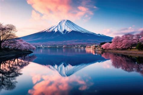 Premium AI Image Mount Fuji And Cherry Blossom At Kawaguchiko Lake In