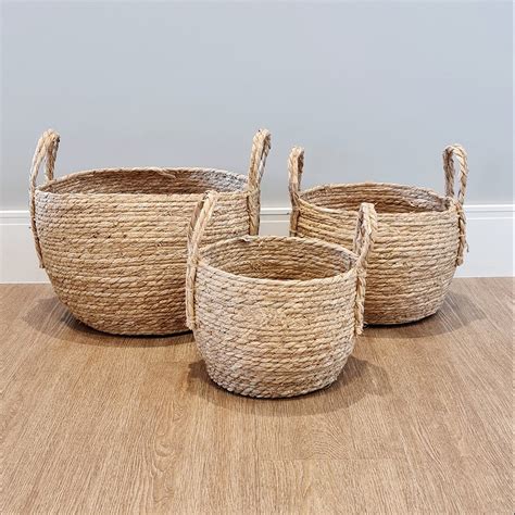 Kit 3 Cesto De Palha Natural Grande Decorativo Vaso Cachepot Balaio