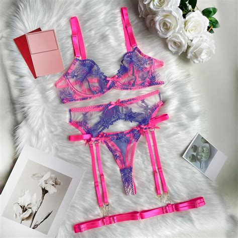 Hot High Quality See Through Pink Lace Mesh Embroidery Garter Lingerie 3pcs Sets Plus Size
