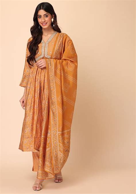 Buy Women Mustard Yellow Muslin Kurta With Pants And Dupatta Set Of