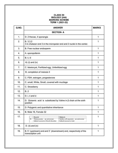 Cbse Class Th Biology Sample Question Paper Answer Key