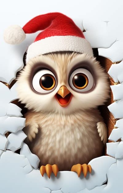 Cartoon Owl Wearing A Santa Hat Peeking Out Of A Hole In A Wall