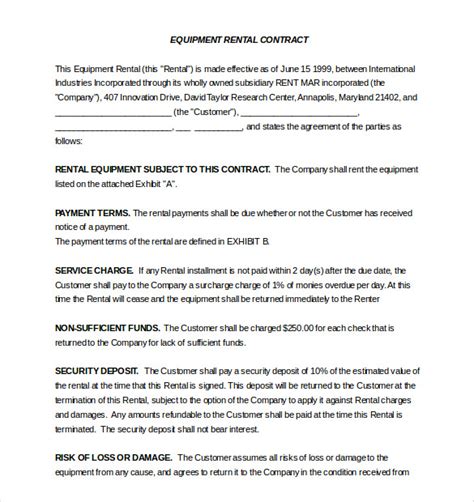 Word Doc Printable Equipment Rental Agreement Template Printable