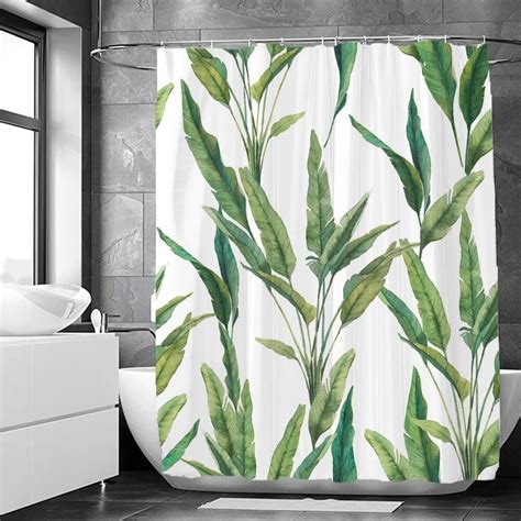 Green Plant Leaves Print Shower Curtains Watercolor Boho Floral