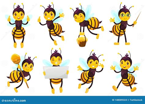 Cartoon Bee Mascot Cute Honeybee Flying Bees And Happy Funny Yellow