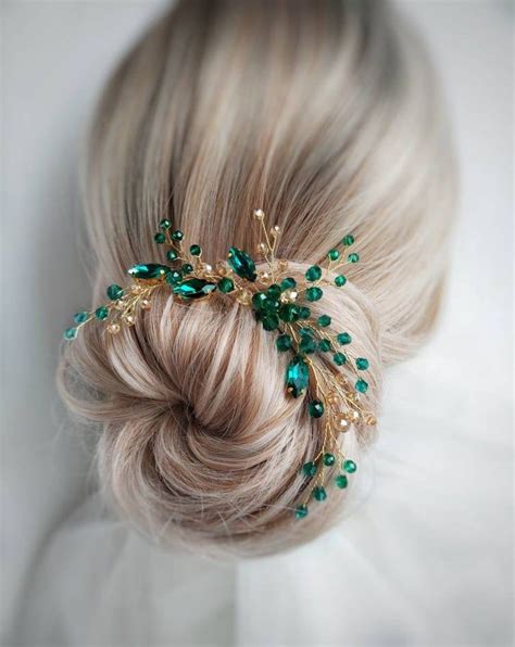 Emerald And Gold Hair Pin Emerald Hair Pin Emerald Hair Piece Emerald Green Wedding Hair Pins