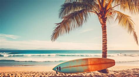 Premium Ai Image Surfboard And Palm Tree On Beach