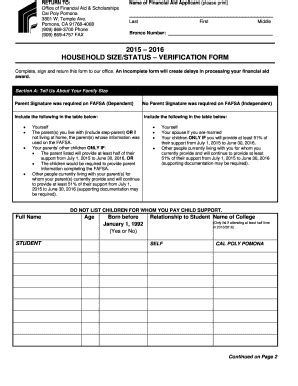 Fillable Online Financial Aid Scholarships Household Size Status