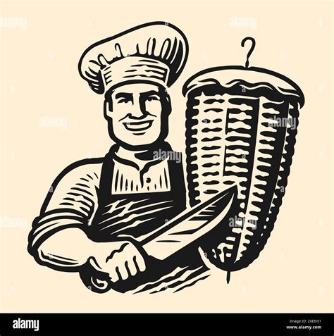 Chef with knife and skewer of meat shawarma. Street fast food, kebab emblem or logo. Vector ...