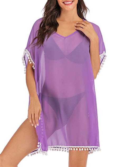 Lelinta Womens Plus Size Beach Bikini Cover Up Chiffon Tassel Swim V