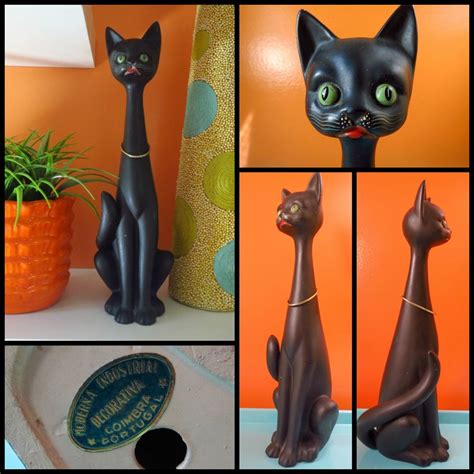 Vtg 1970s Modern Long Neck Mod Black Cat Ceramic Art Statue Coimbra