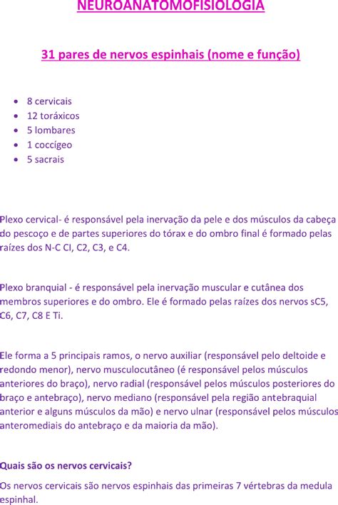 Pares De Nervos Espinhais Nome E Fun O Neuroanatomia E