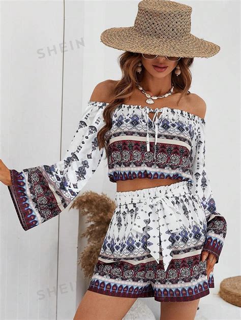 SHEIN VCAY Allover Print Off Shoulder Tie Front Crop Top Shorts