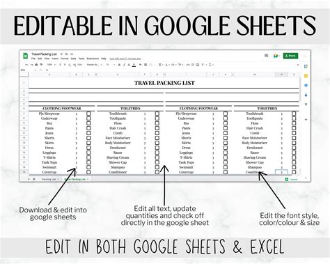 Travel Packing List Google Sheets Packing Checklist EDITABLE Wedding Family Cruise Vacation ...