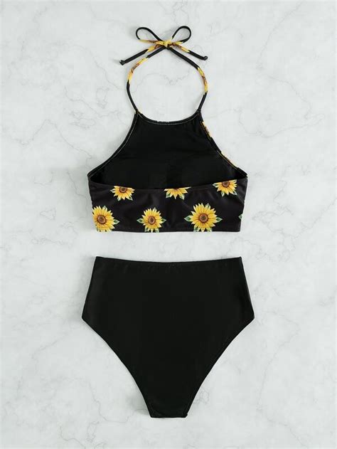 SHEIN Swim Vcay Sunflower Print Tankini Set High Neck Halter Top High Waist Bikini Piece