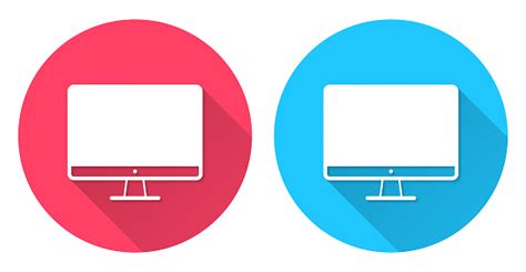 Desktop Computer Round Icon With Long Shadow On Red Or Blue Background