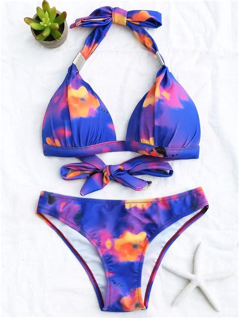 Tie Dye Metal Trim Halter Bikini Set Blue Bikinis S Zaful Bikinis