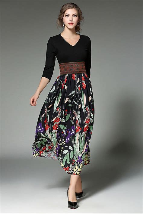 Print Half Sleeves Chiffon High Waist Tee Length Dress V Neck Midi