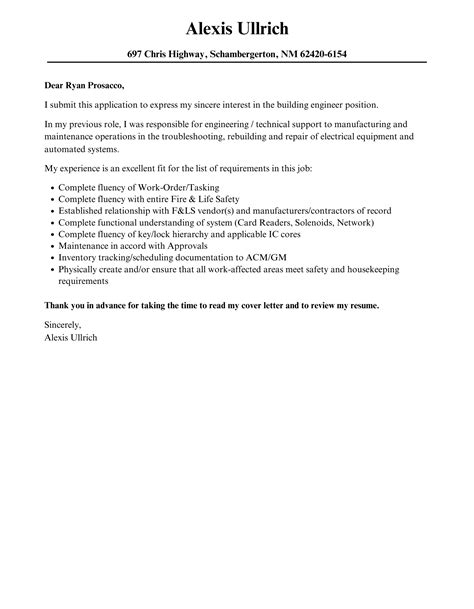 Building Engineer Cover Letter Velvet Jobs