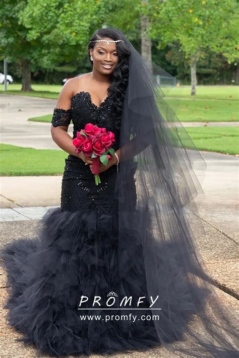 Sequinned Black Lace Tiered Tulle Trumpet Prom Gown Promfy