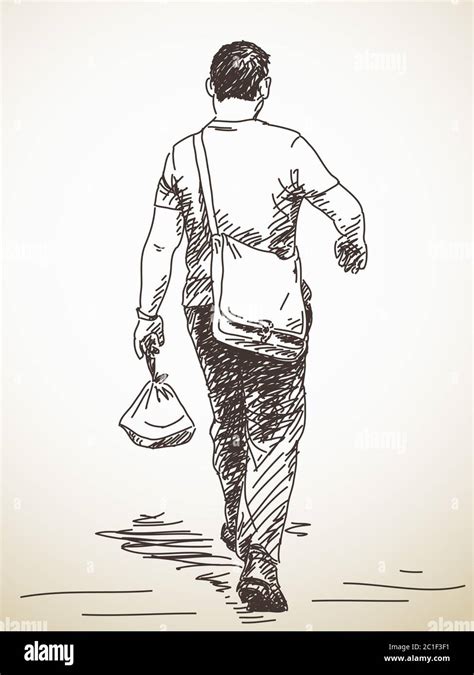 Sketch Of Walking Man From Back Hand Drawn Vector Illustration Stock