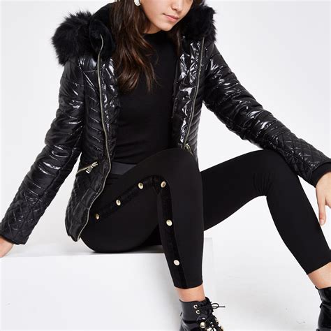 River Island Faux Fur Trim High Shine Puffer Jacket In