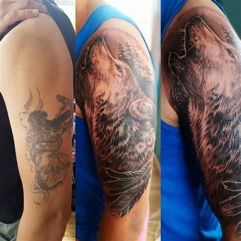 Black And Gray Wolf Coverup Tattoo By Body Piercing Tattoonow