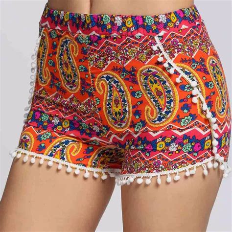 Summer 2017 Women Casual Elastic High Waist Flower Print Tassel Beach