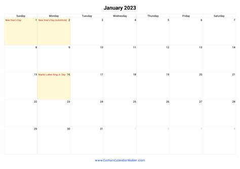 January 2023 Printable Calendar With US Federal Holidays