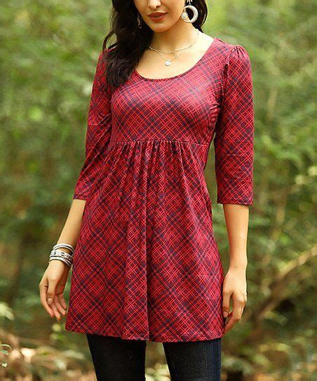 Reborn Collection Red Plaid Empire Waist Tunic Women Womens Tunics Reborn Collection Tunic