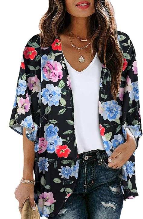 Lezmore Womens Summer Kimonos Cardigan 34 Sleeve Swimsuit Cover Ups In Floral Print