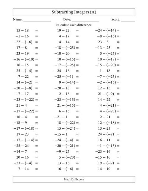 Subtracting Mixed Integers From 25 To 25 75 Questions A Worksheets Library