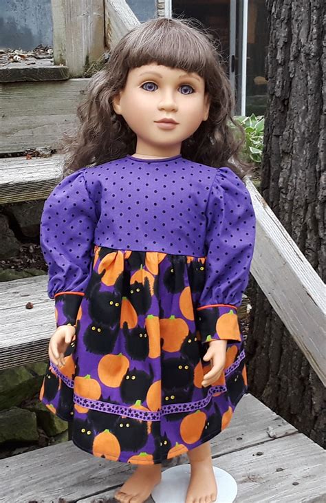 Halloween Dress In Purple And Black Cats And Pumpkins Fits 23 Inch My