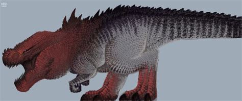 A Large Red And Black Dinosaur Standing Next To Each Other On A Gray