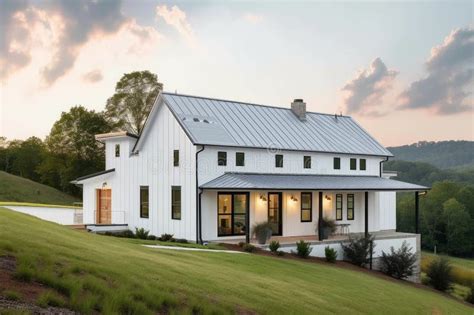 Modern Farmhouse with Metal Roof and White Exterior, Built on a Scenic ...