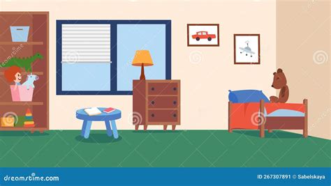 Clean Kids Bedroom with Bed, Shelves and Toys - Cartoon Flat Vector Illustration. Stock Vector ...