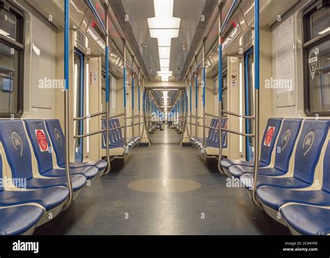 Moscow, Russia June 6, 2020: Metro car inside view. Interior of a ...