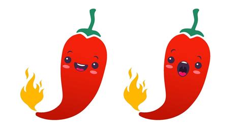 Vector Set Illustration Of A Spicy Chilli Peppers With Flame In Kawaii